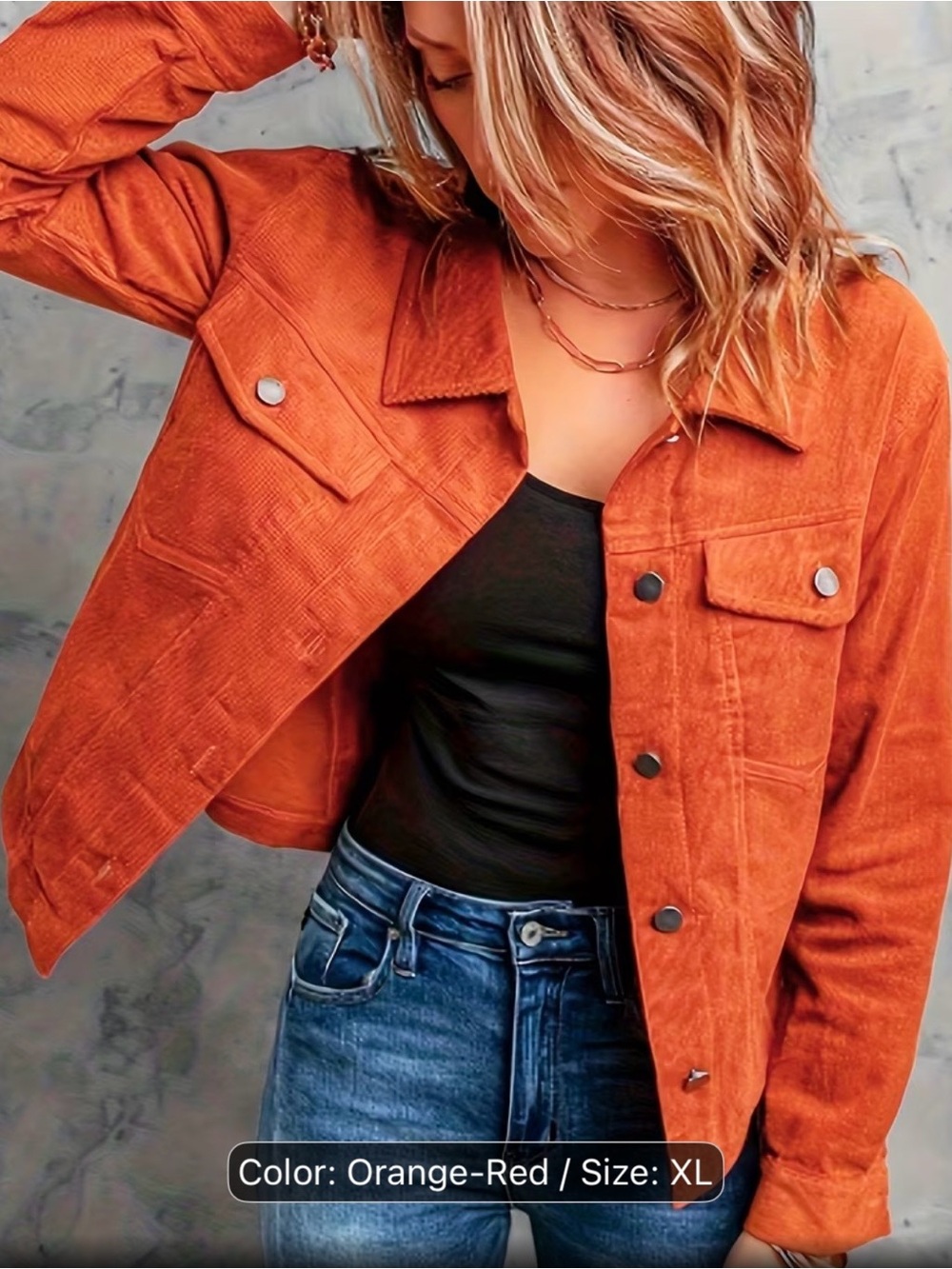 Orange-Red Women's Corduroy Jacket - Classic Button Front